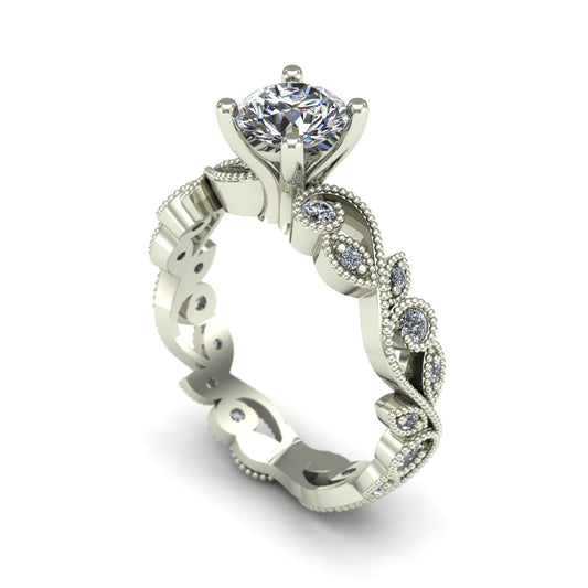 three quarter carat diamond solitaire floral engagement ring in 14k white gold - Charles Babb Designs