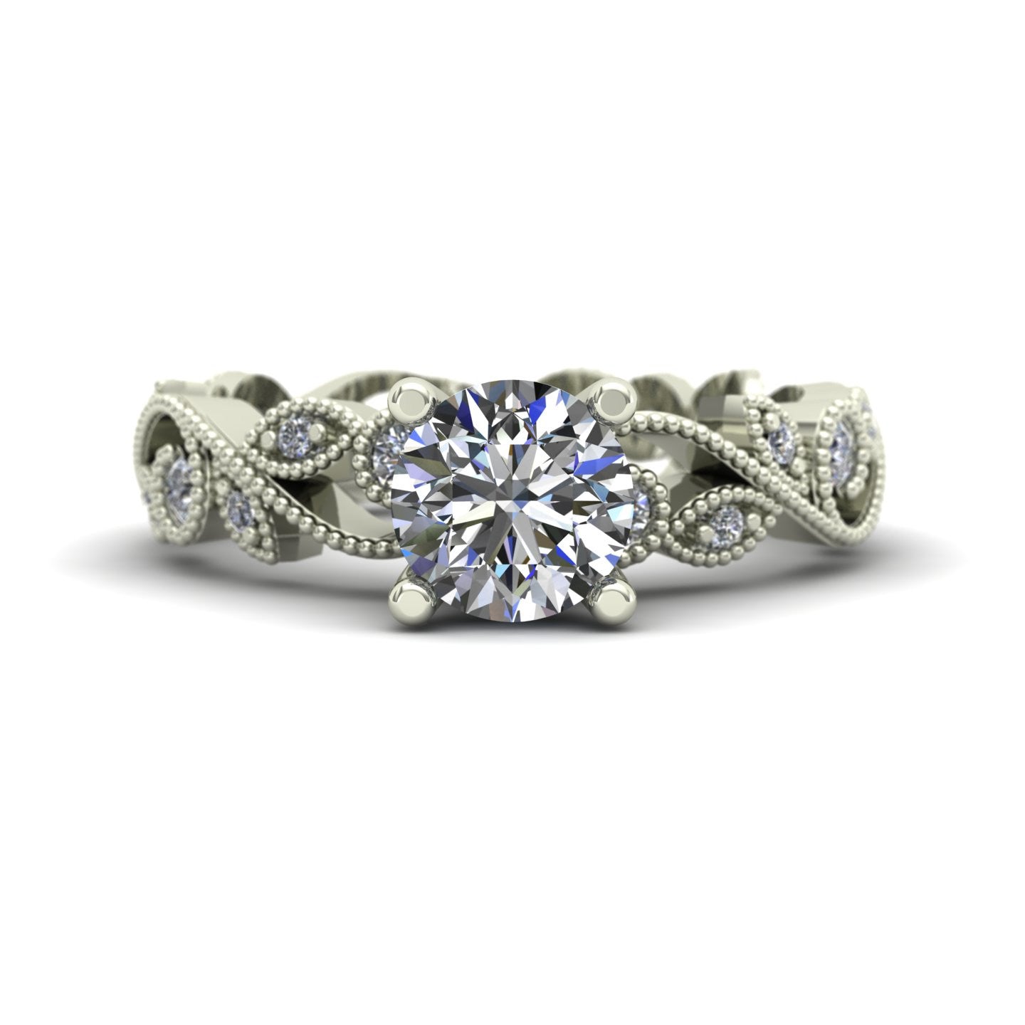 three quarter carat diamond solitaire floral engagement ring in 14k white gold - Charles Babb Designs - top view