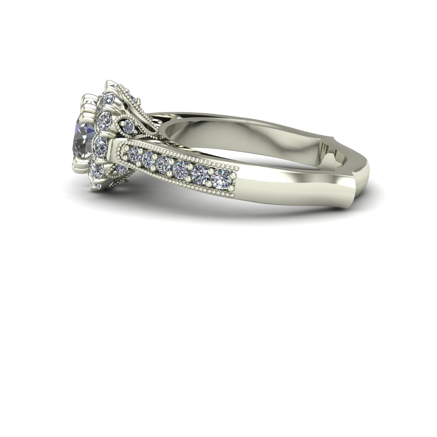 1 ct diamond posey flower halo engagement ring in 14k white gold - Charles Babb Designs - side view