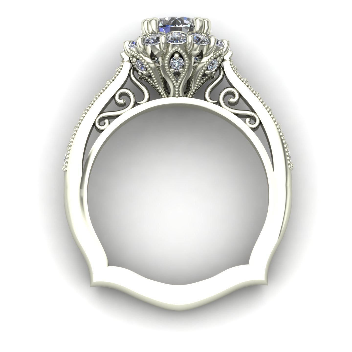 1 ct diamond posey flower halo engagement ring in 14k white gold - Charles Babb Designs - through finger view