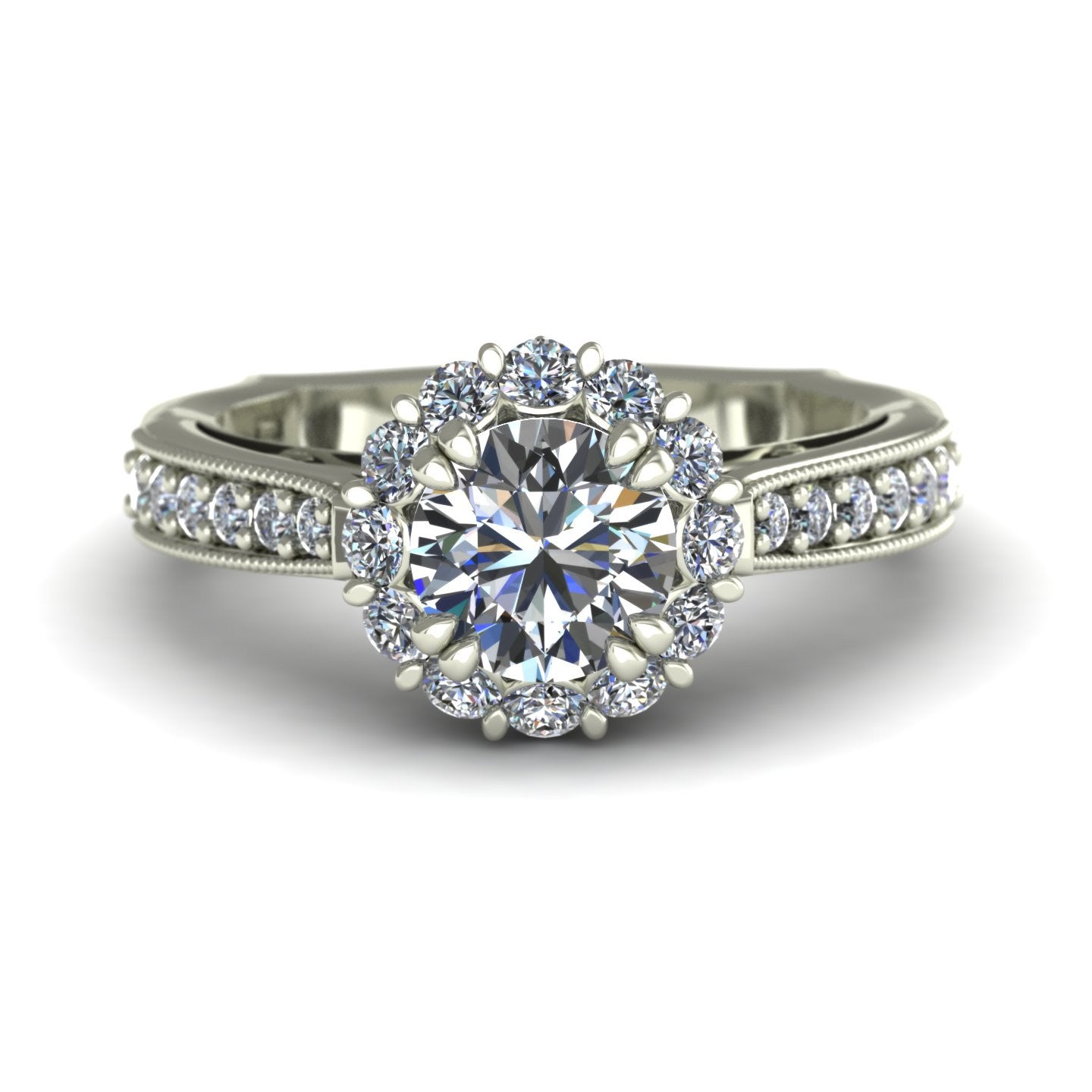 1 ct diamond posey flower halo engagement ring in 14k white gold - Charles Babb Designs - top view