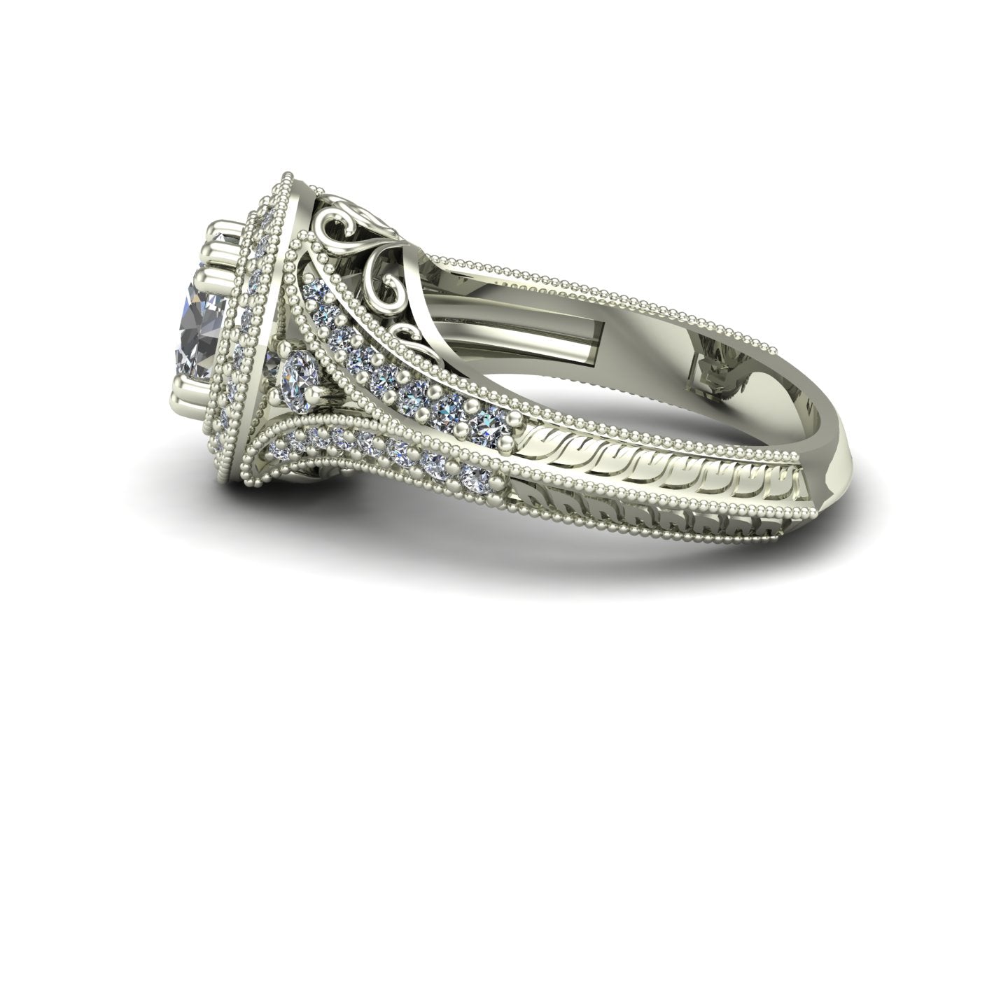 oval diamond engagement ring with halo and split shank in 14k white gold - Charles Babb Designs - side view