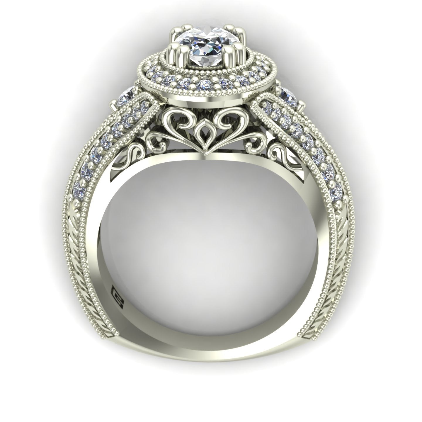 oval diamond engagement ring with halo and split shank in 14k white gold - Charles Babb Designs - through finger view