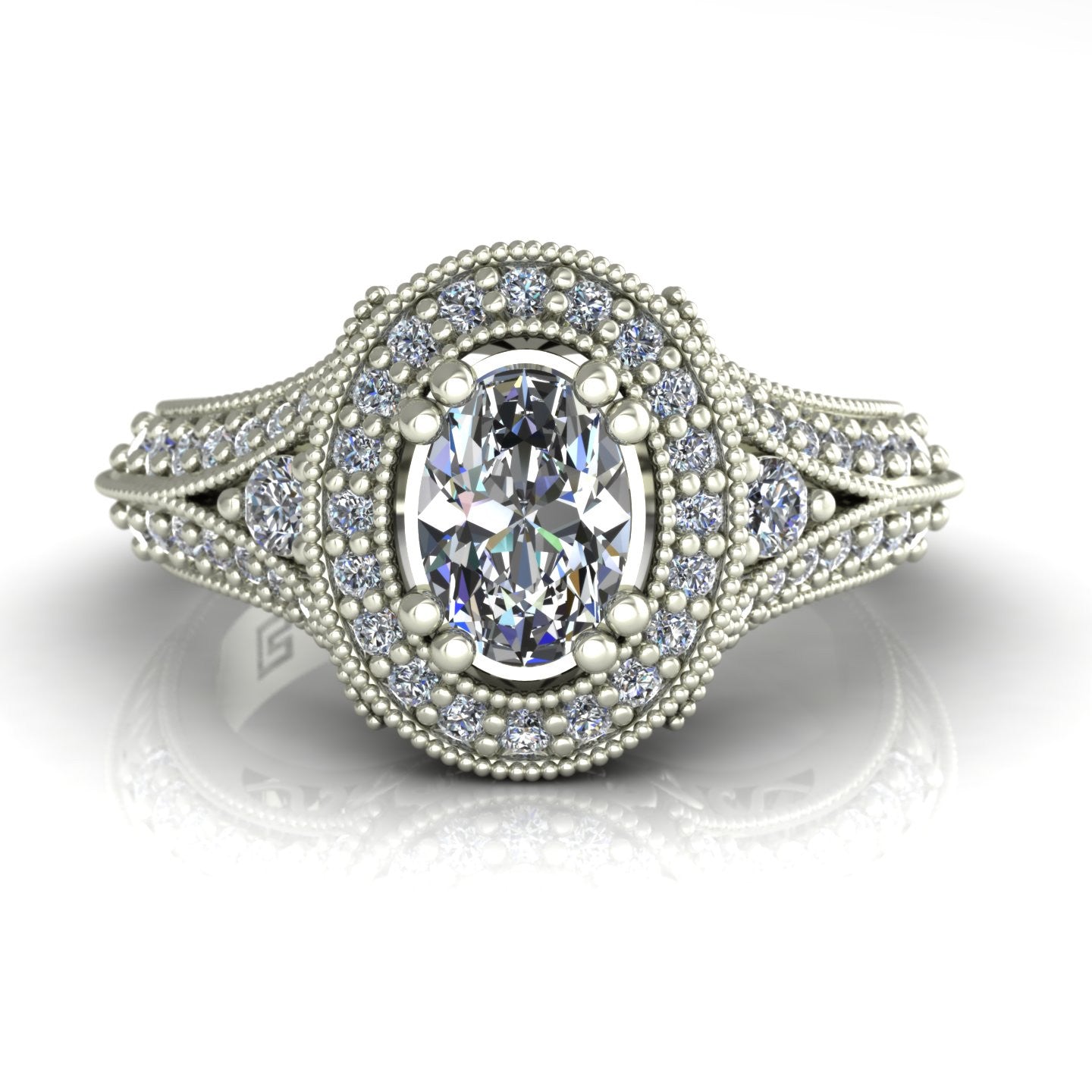 oval diamond engagement ring with halo and split shank in 14k white gold - Charles Babb Designs - top view
