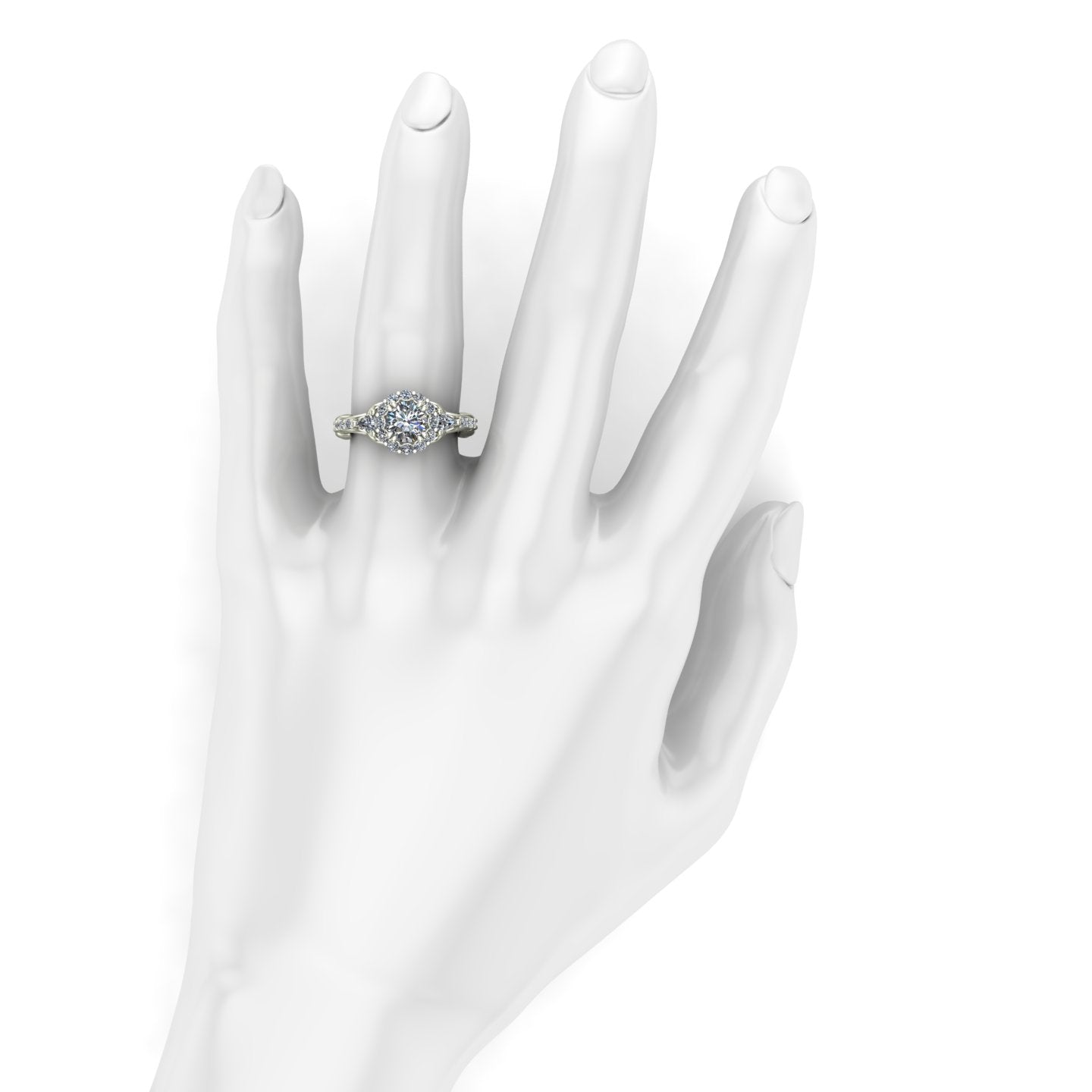 1ct diamond halo engagement ring with trillions and vines in 14k white gold - Charles Babb Designs - on hand