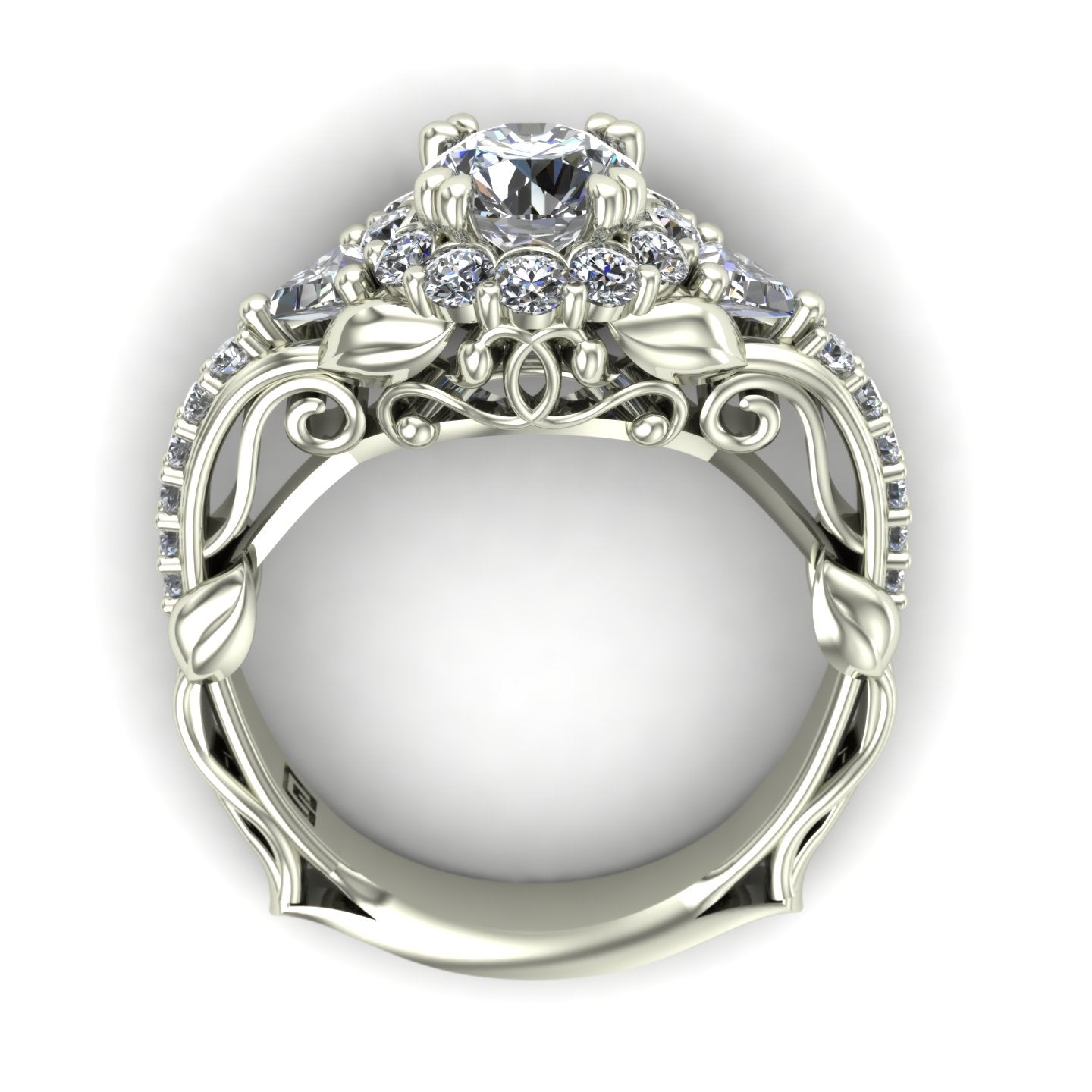1ct diamond halo engagement ring with trillions and vines in 14k white gold - Charles Babb Designs - through finger view