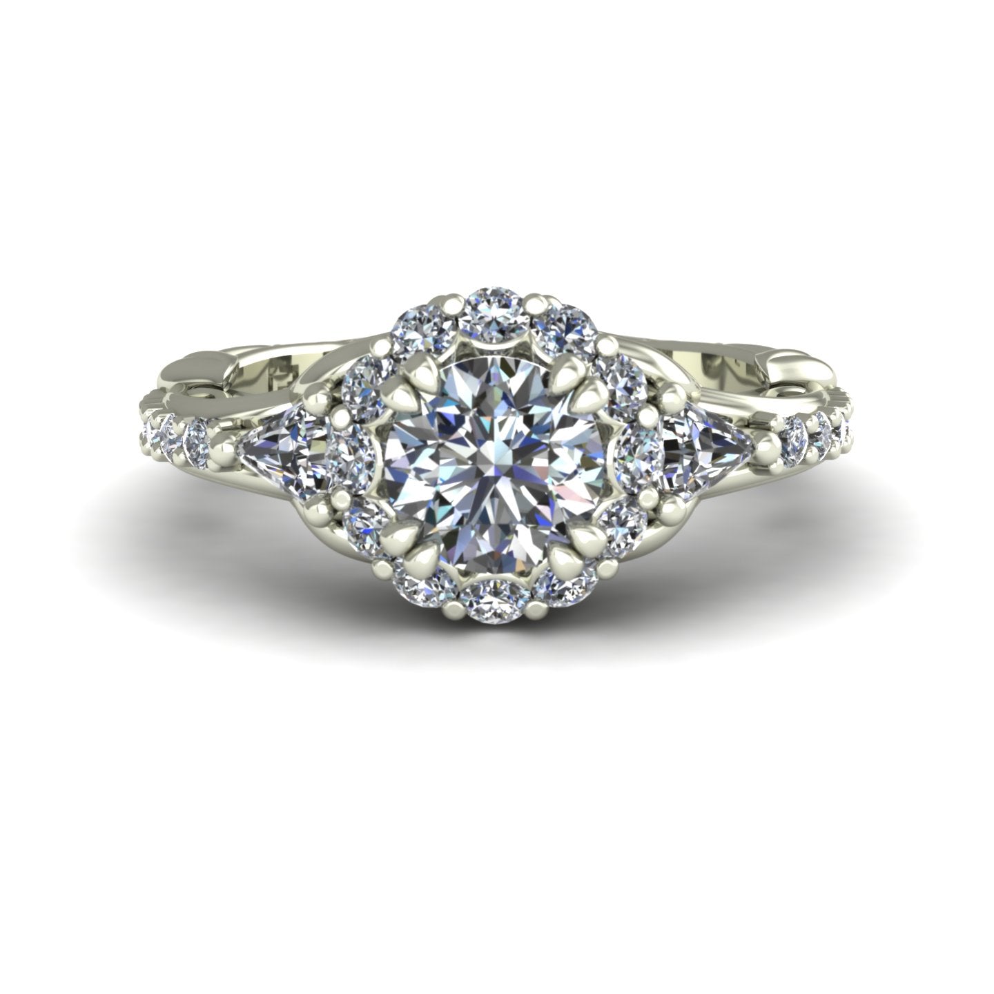 1ct diamond halo engagement ring with trillions and vines in 14k white gold - Charles Babb Designs - top view