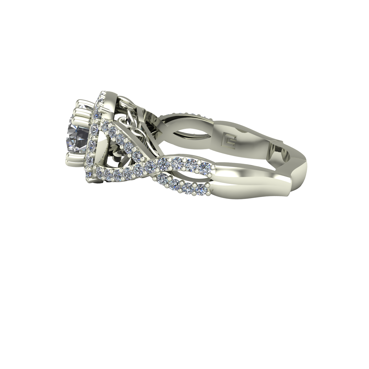 1ct diamond engagement ring cushion halo crossover shank 14k white gold - Charles Babb Designs - side view