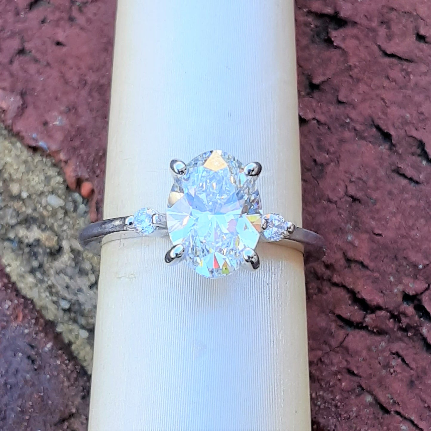Ready to Ship oval lab created diamond three stone engagement ring in 18k white gold