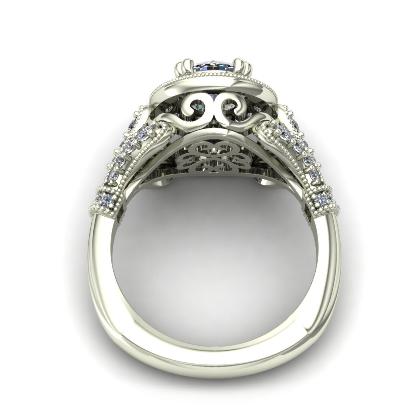 1ct Diamond halo fleur de lis engagement ring in 18k white gold - Charles Babb Designs - through finger view