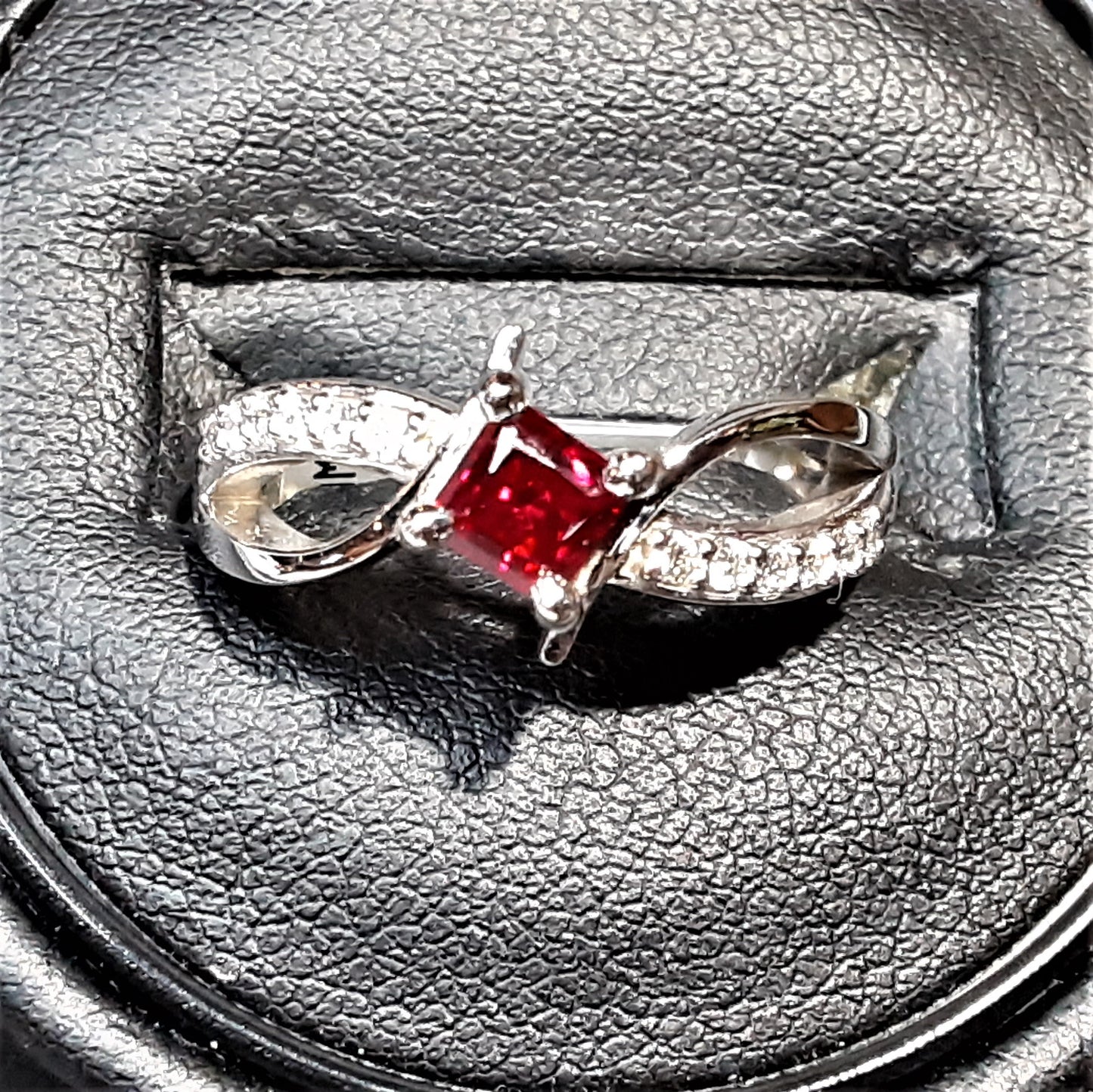 Ready to Ship princess cut lab created ruby bypass ring in 14k white gold