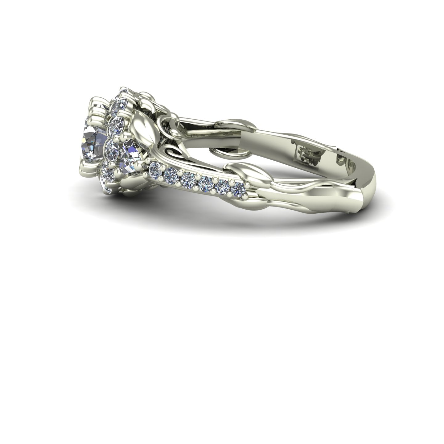 1ct diamond halo engagement ring with trillions and vines in 14k white gold - Charles Babb Designs - side view