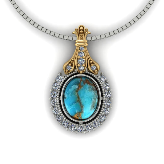 Turquoise and diamond pendant in 14k yellow and white gold