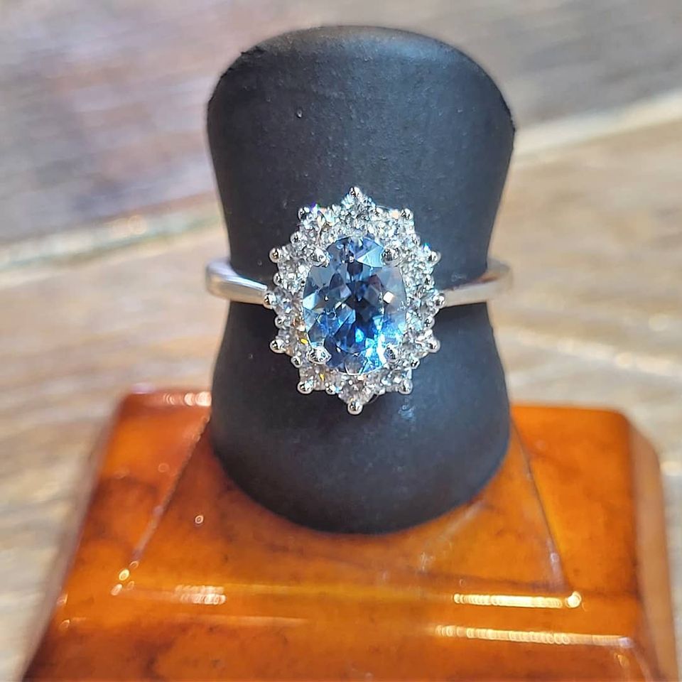 Ready to Ship oval cut aquamarine and diamond ring in 14k white gold
