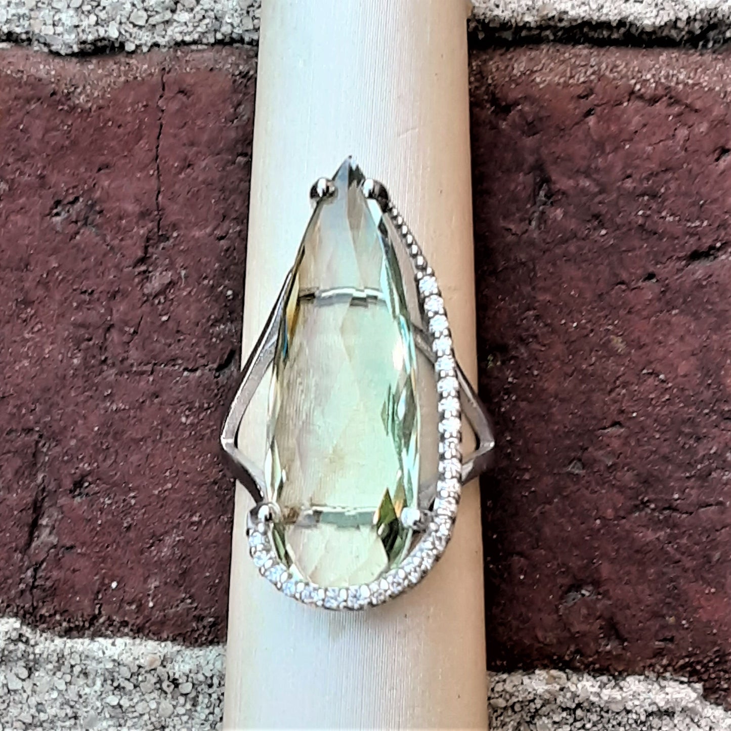 Ready to ship green quartz and diamond elongated pear ring in 14k white gold