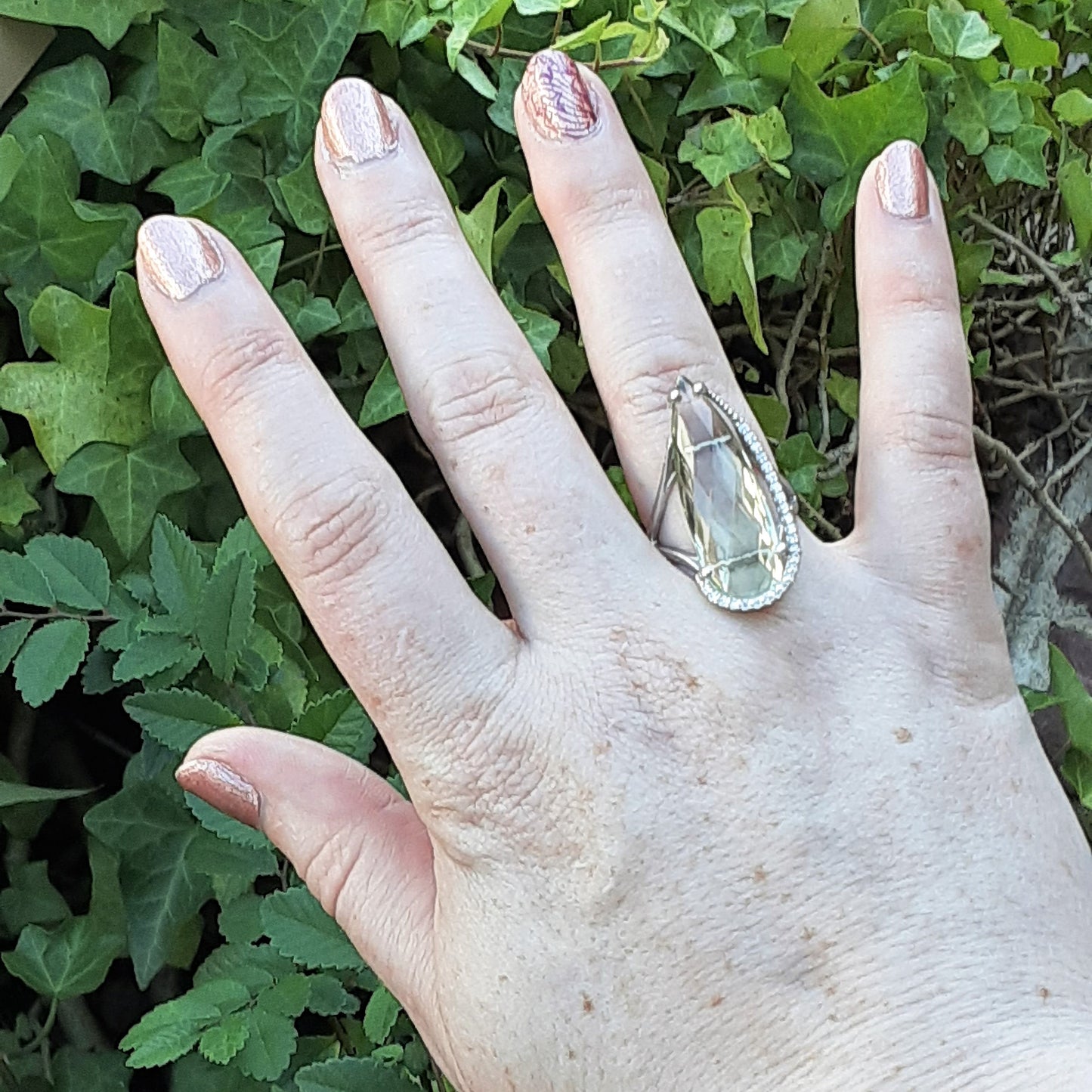 Ready to ship green quartz and diamond elongated pear ring in 14k white gold