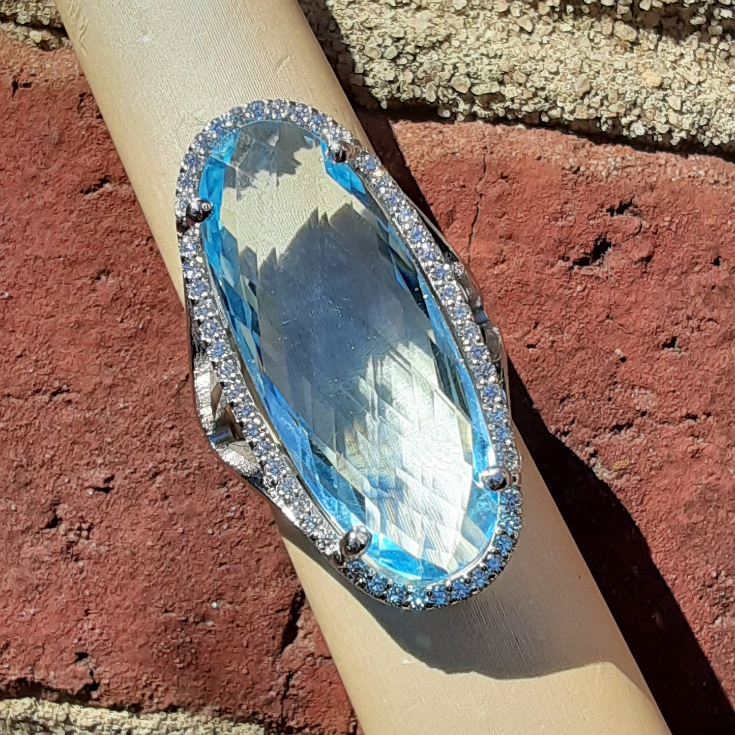 Ready to Ship giant oval blue topaz ring in 14k white gold