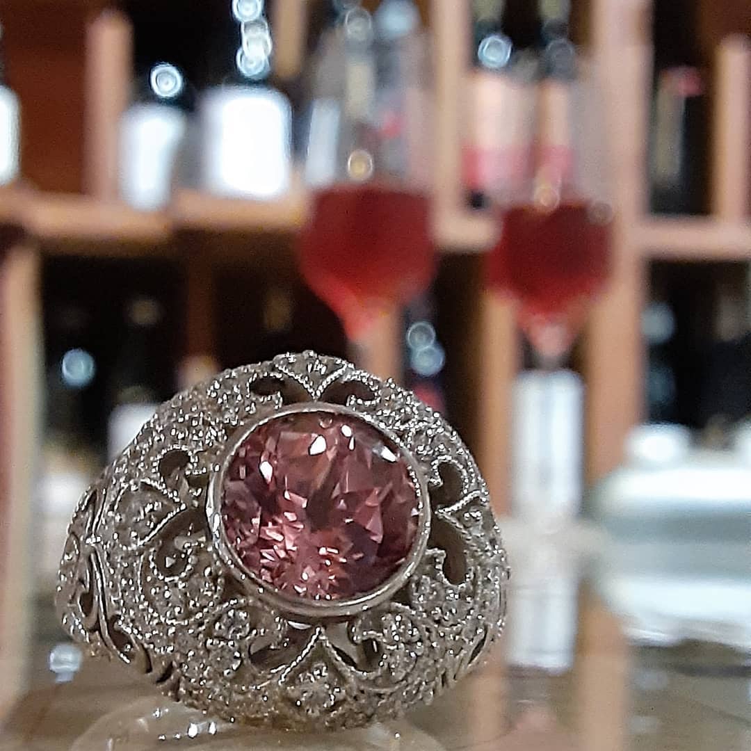 Ready to ship lab created champagne sapphire and diamond dome ring in 14k white gold