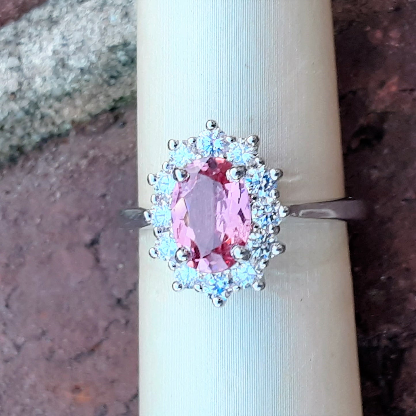 Ready to ship pink spinel and diamond princess halo ring in 14k white gold