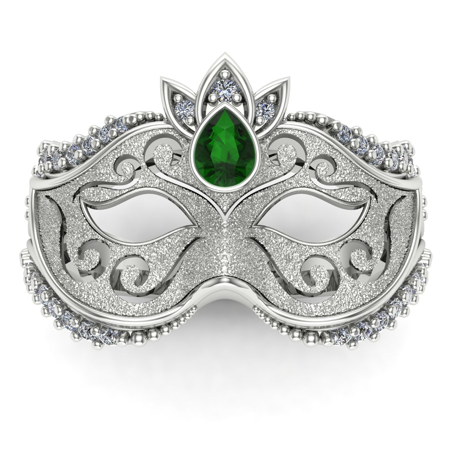 bezel set pear cut tsavorite green garnet and diamond venetian carnival mask ring in 14k white gold - Charles Babb Designs - top view