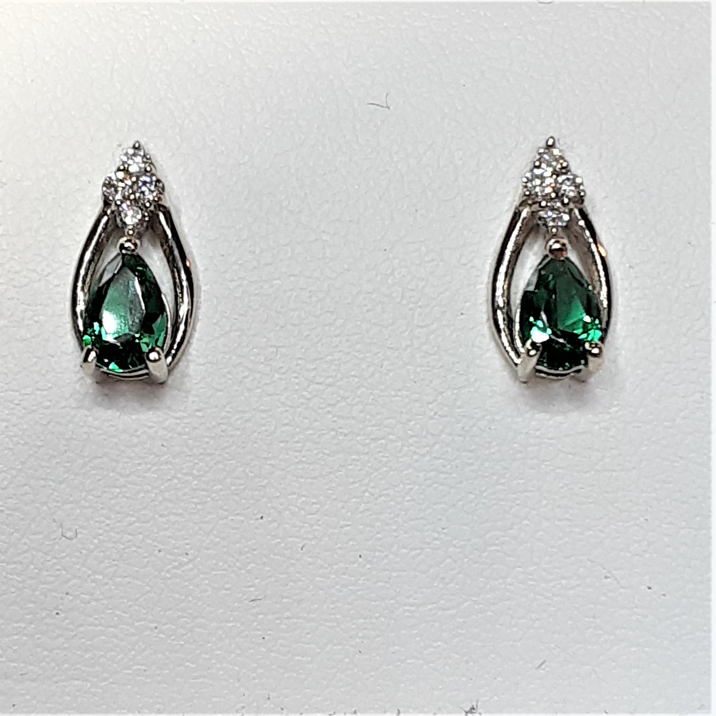 Ready to ship helenite and diamond pear earrings in 14k white gold