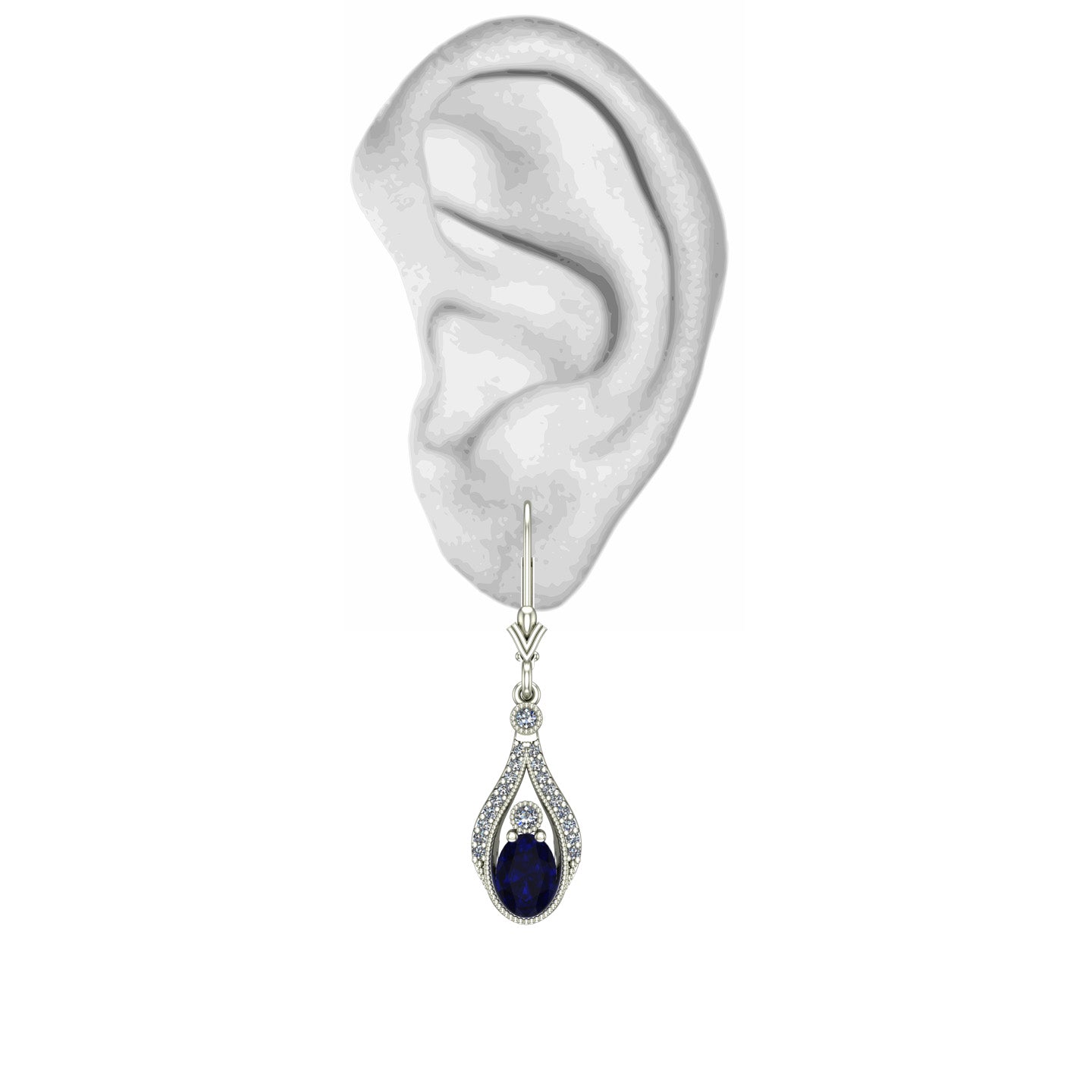 oval blue sapphire and diamond drop earrings in 14k white gold - Charles Babb Designs - on ear