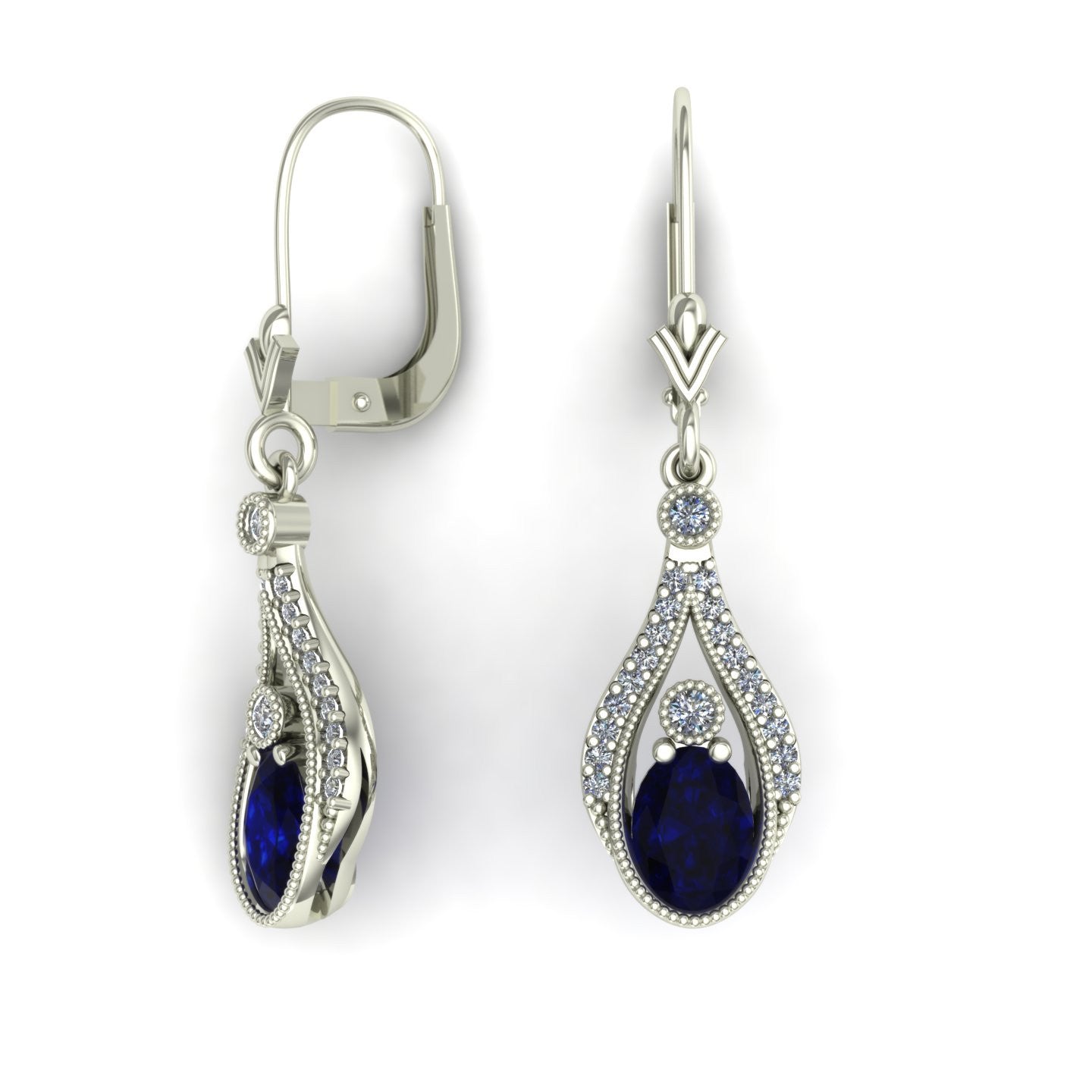 oval blue sapphire and diamond drop earrings in 14k white gold - Charles Babb Designs - 2