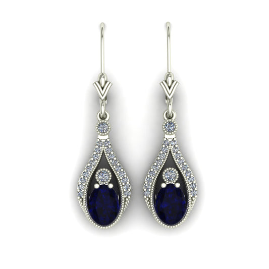 oval blue sapphire and diamond drop earrings in 14k white gold - Charles Babb Designs - top view