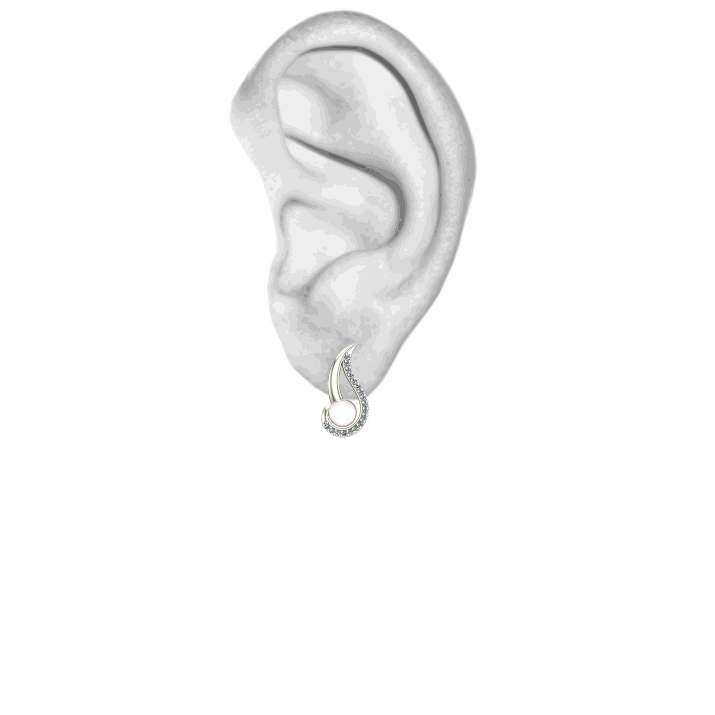 pearl and diamond swirl earrings in 14k white gold - Charles Babb Designs - on ear