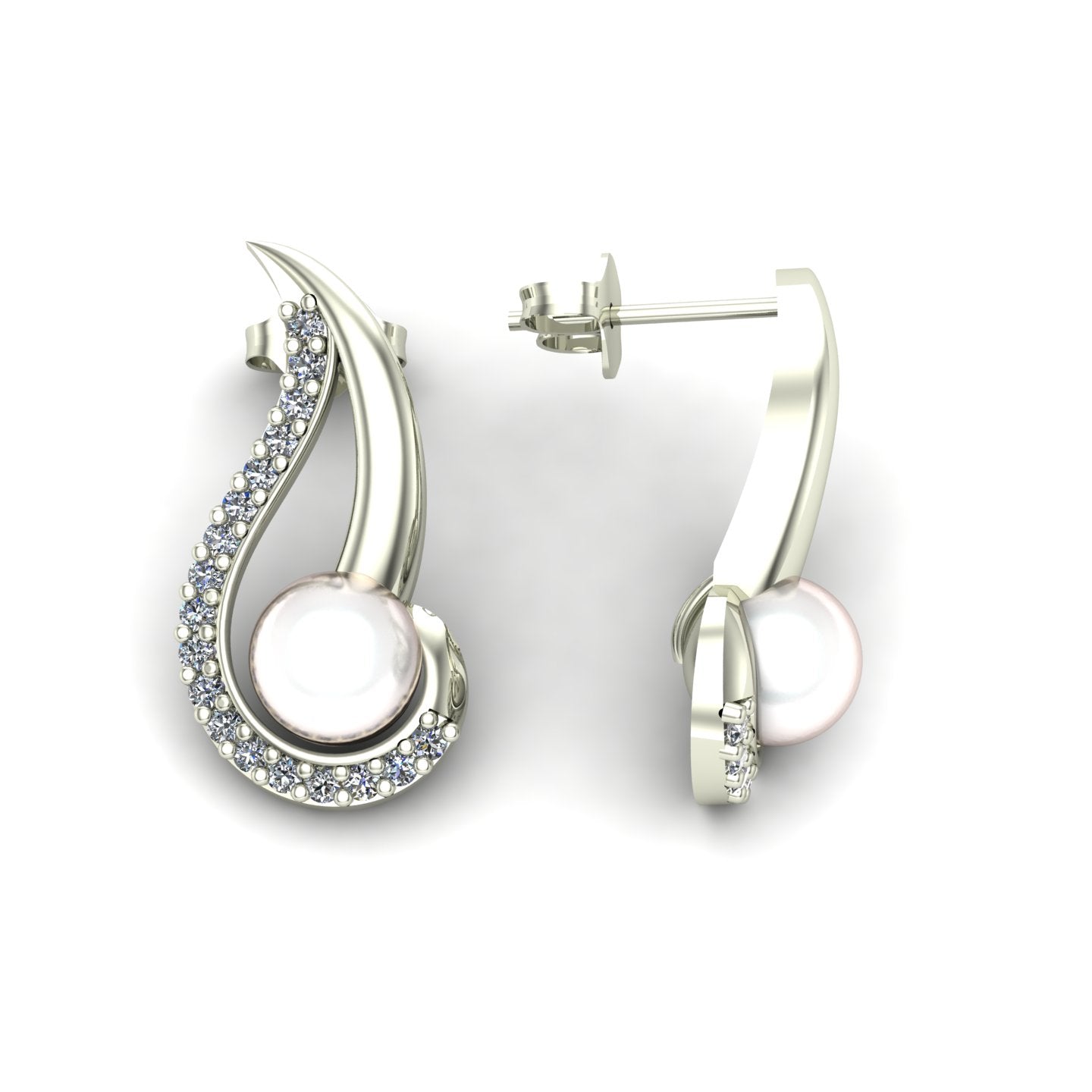 pearl and diamond swirl earrings in 14k white gold - Charles Babb Designs