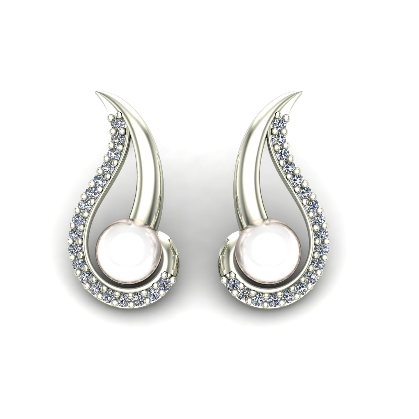 pearl and diamond swirl earrings in 14k white gold - Charles Babb Designs - top view