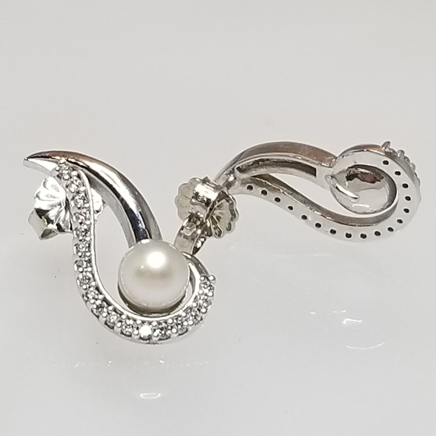 Ready to ship Pearl and diamond swirl earrings in 14k white gold
