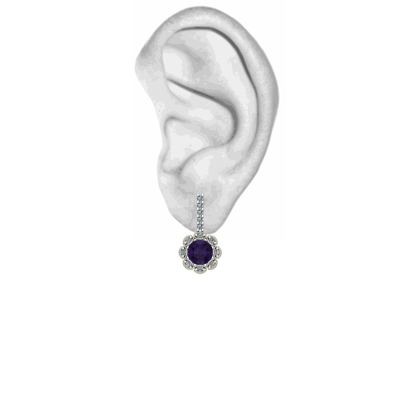Amethyst and diamond flower earrings in 14k white gold - Charles Babb Designs - ear view