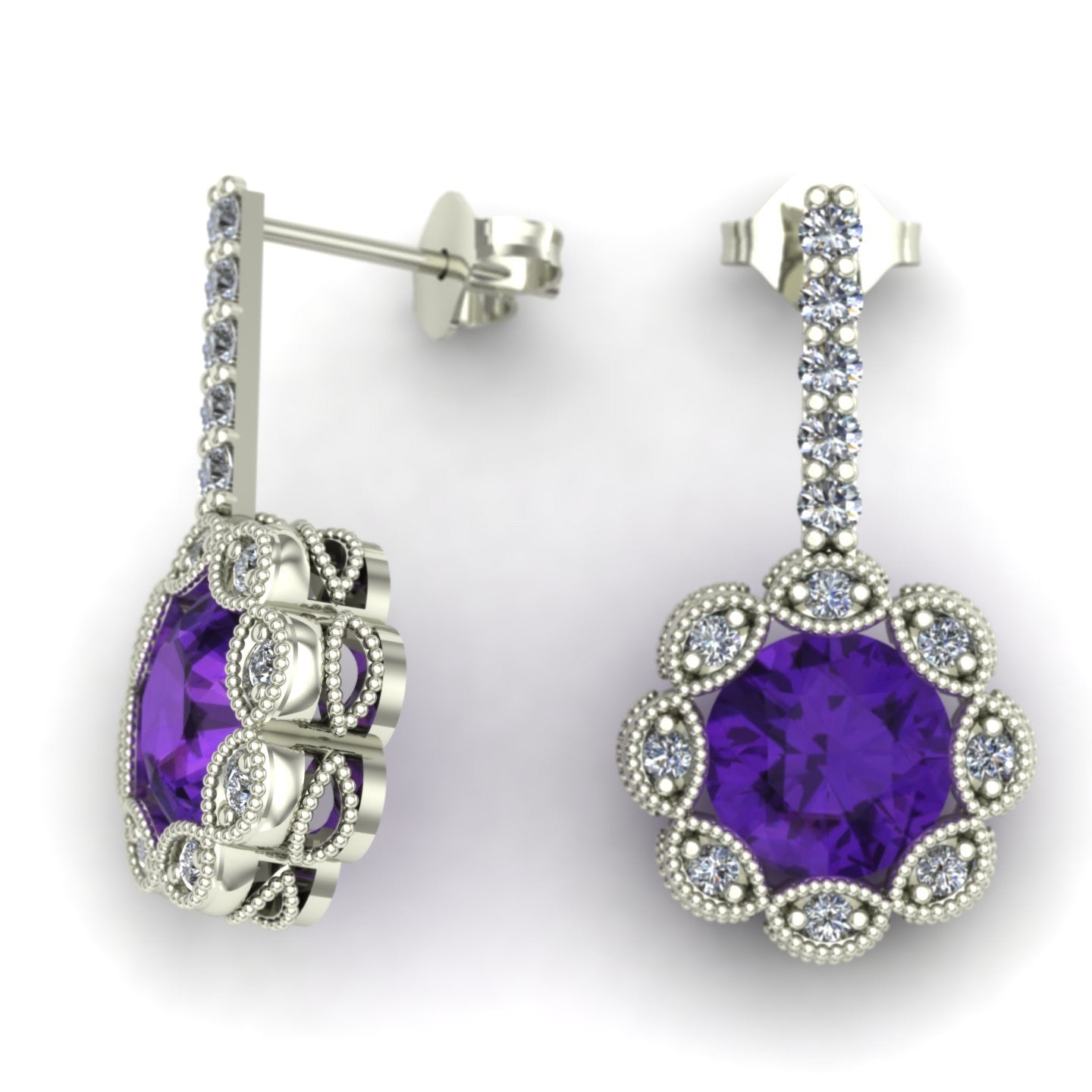 Amethyst and diamond flower earrings in 14k white gold - Charles Babb Designs - 2