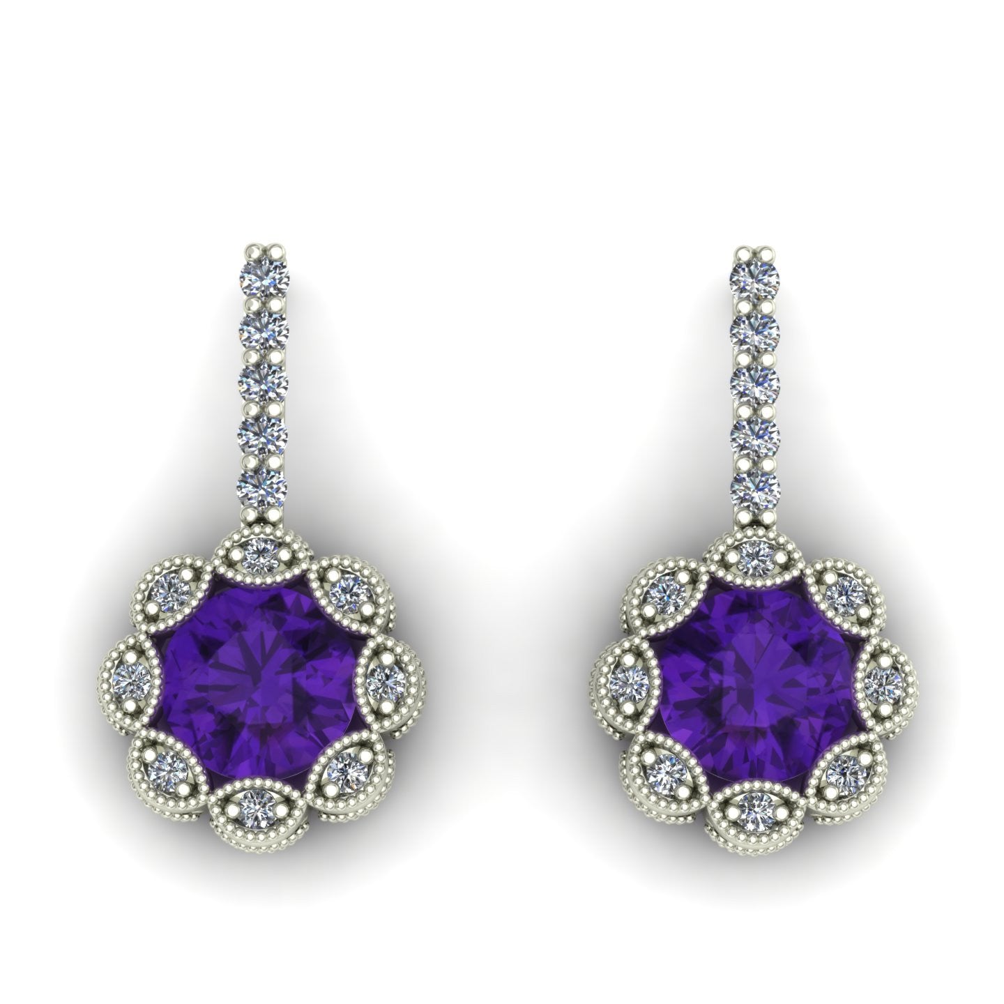 Amethyst and diamond flower earrings in 14k white gold - Charles Babb Designs - top view