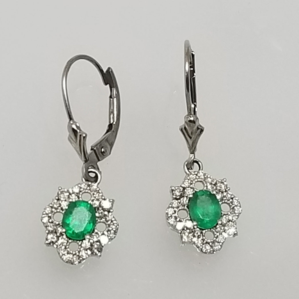 Ready to ship emerald and diamond dangle earrings in 14k white gold