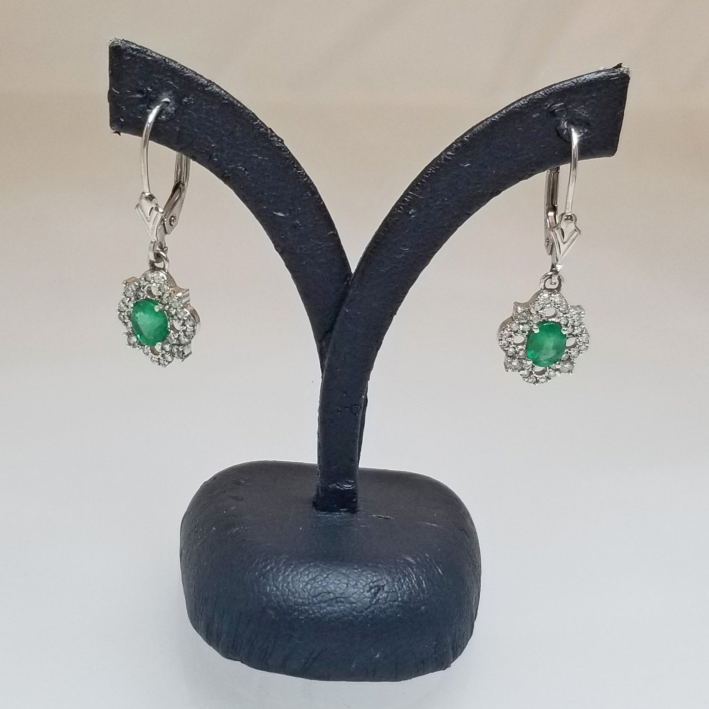 Ready to ship emerald and diamond dangle earrings in 14k white gold