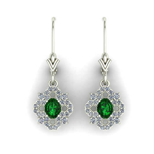 oval emerald and diamond dangle earrings in 14k white gold - Charles Babb Designs - top view