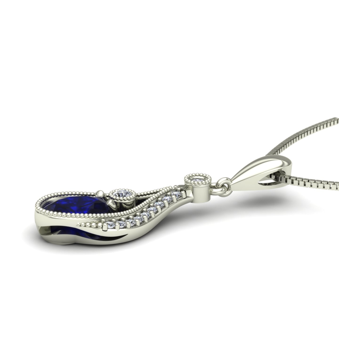 oval blue sapphire and diamond drop pendant in 14k white gold - Charles Babb Designs - 2