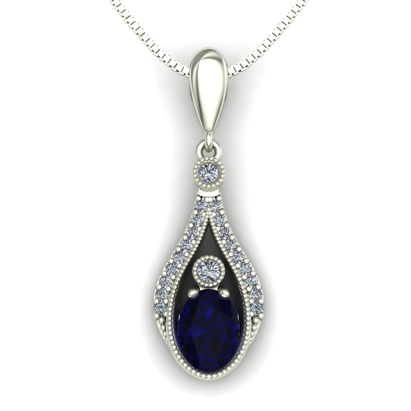 oval blue sapphire and diamond drop pendant in 14k white gold - Charles Babb Designs - top