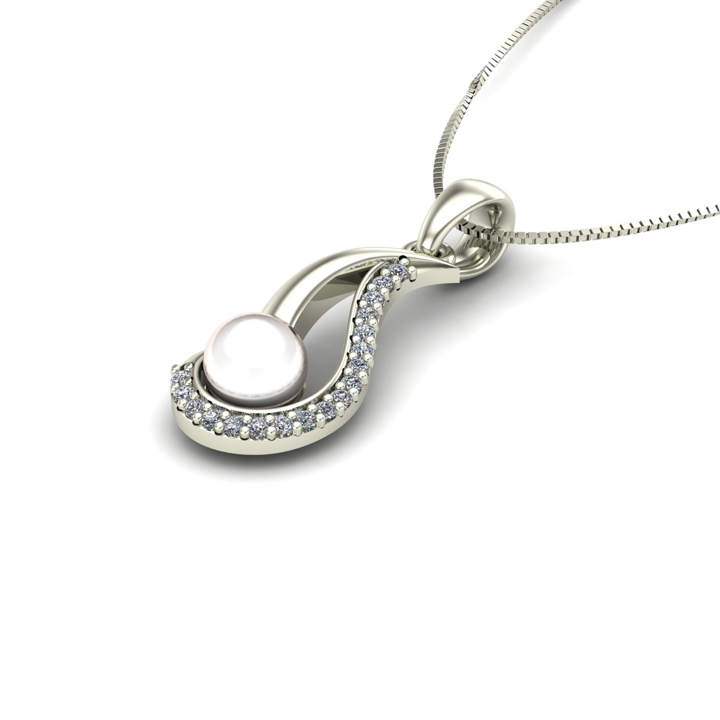 pearl and diamond swirl pendant in 14k white gold - Charles Babb Designs - side view