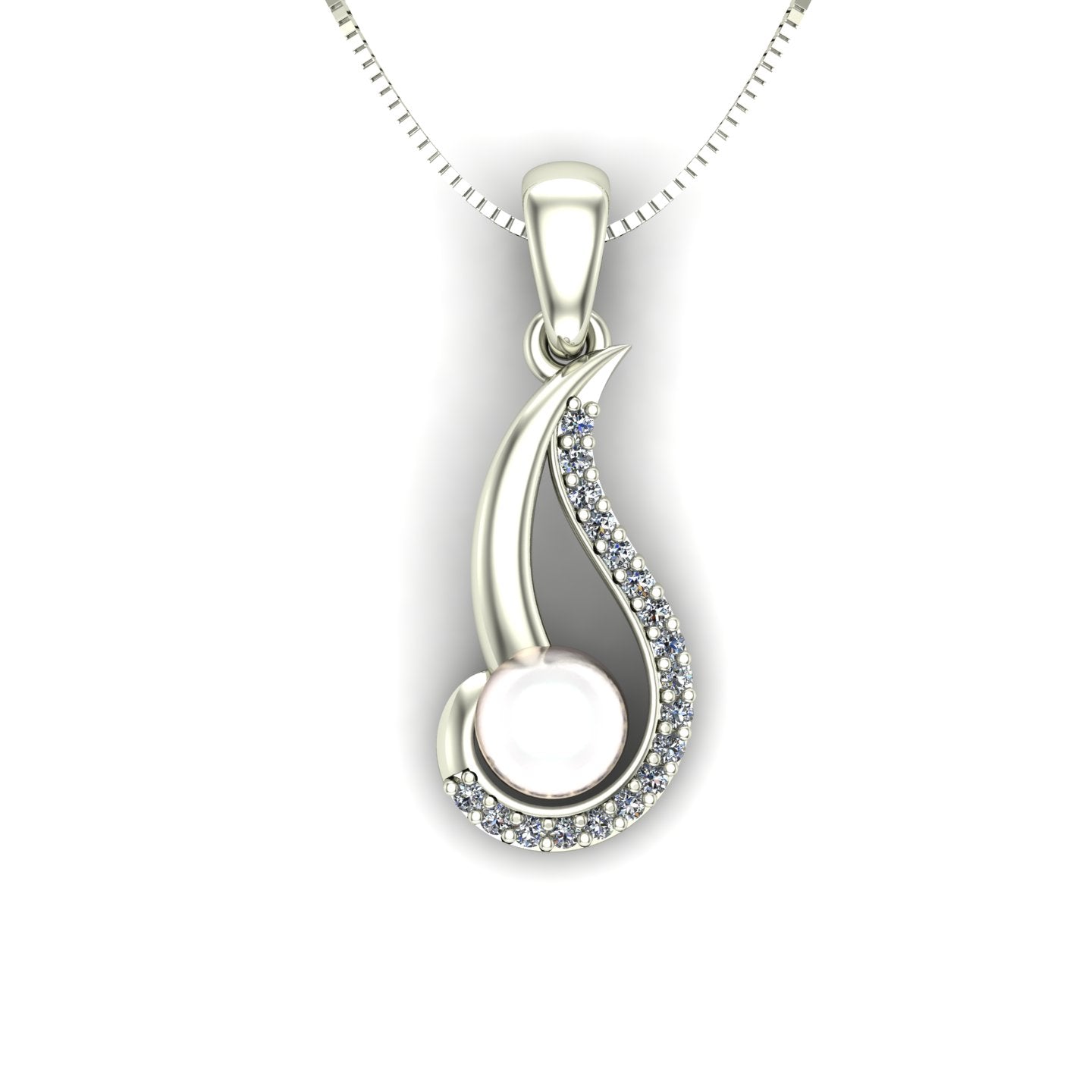 pearl and diamond swirl pendant in 14k white gold - Charles Babb Designs - top view