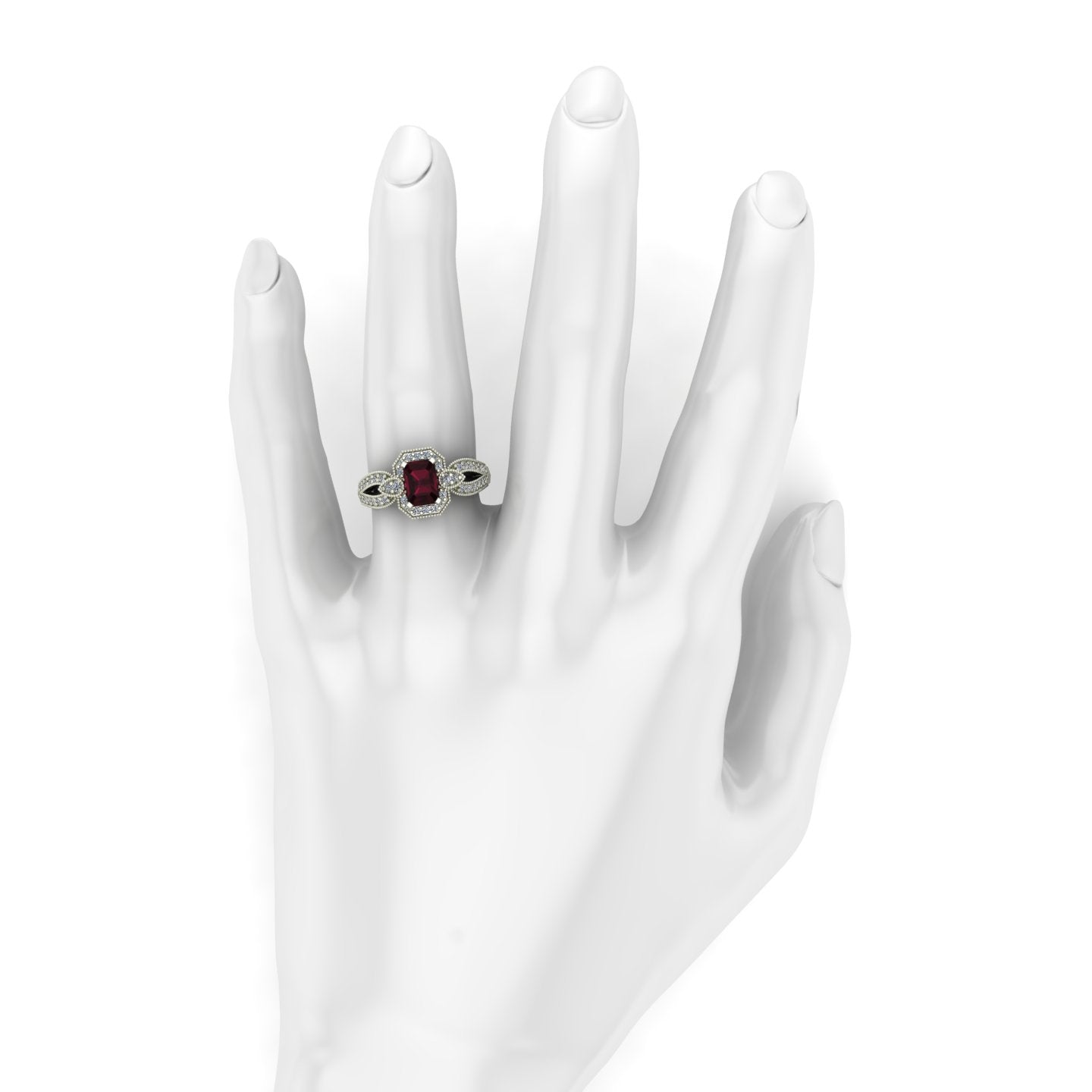 emerald cut rhodolite garnet and diamond art deco inspired ring in 14k white gold - Charles Babb Designs - on hand