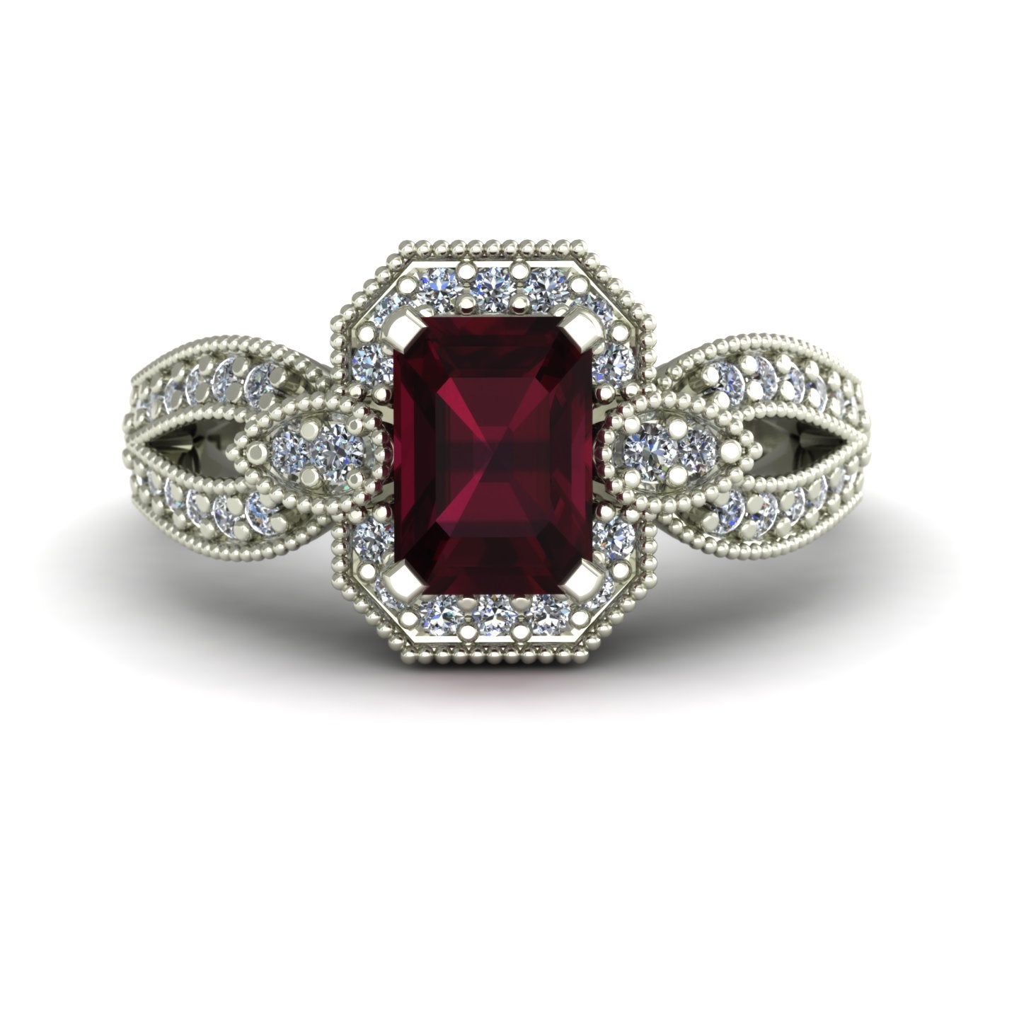 emerald cut rhodolite garnet and diamond art deco inspired ring in 14k white gold - Charles Babb Designs - top view