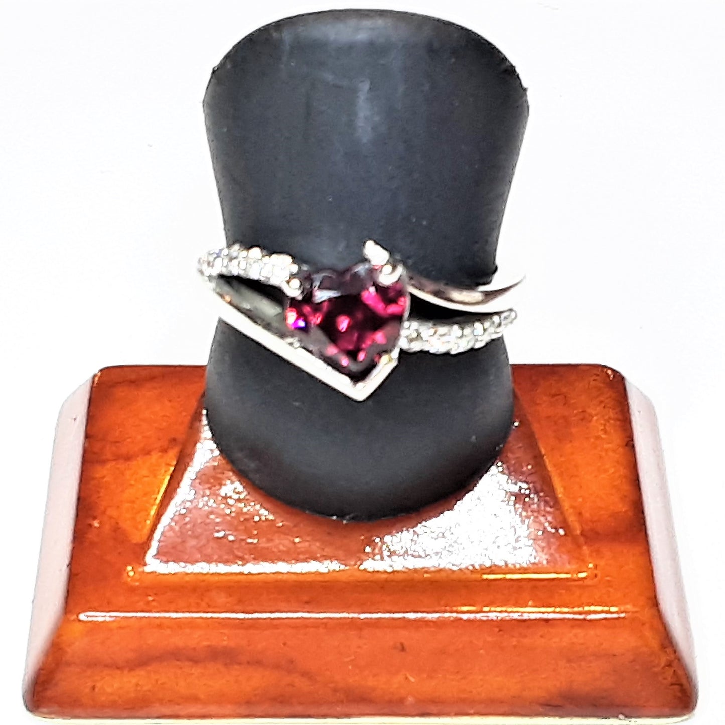 Ready to ship rhodolite garnet and diamond heart cut ring in 14k white gold