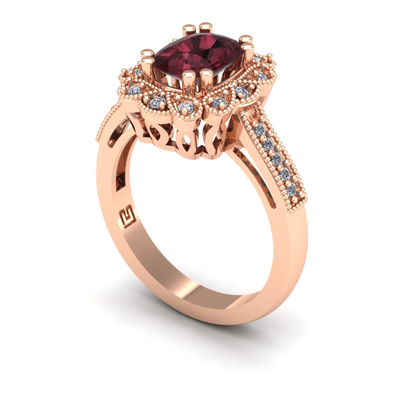 Rhodolite garnet and diamond vintage style ring in 14k rose gold