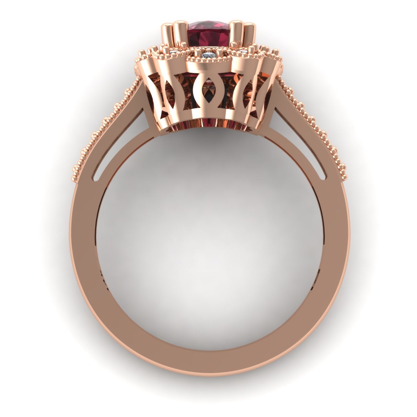 Rhodolite garnet and diamond vintage style ring in 14k rose gold