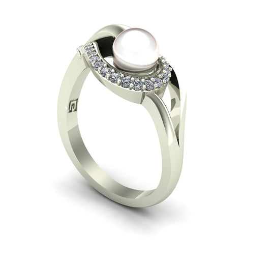 pearl and diamond swirl ring in 14k white gold - Charles Babb Designs