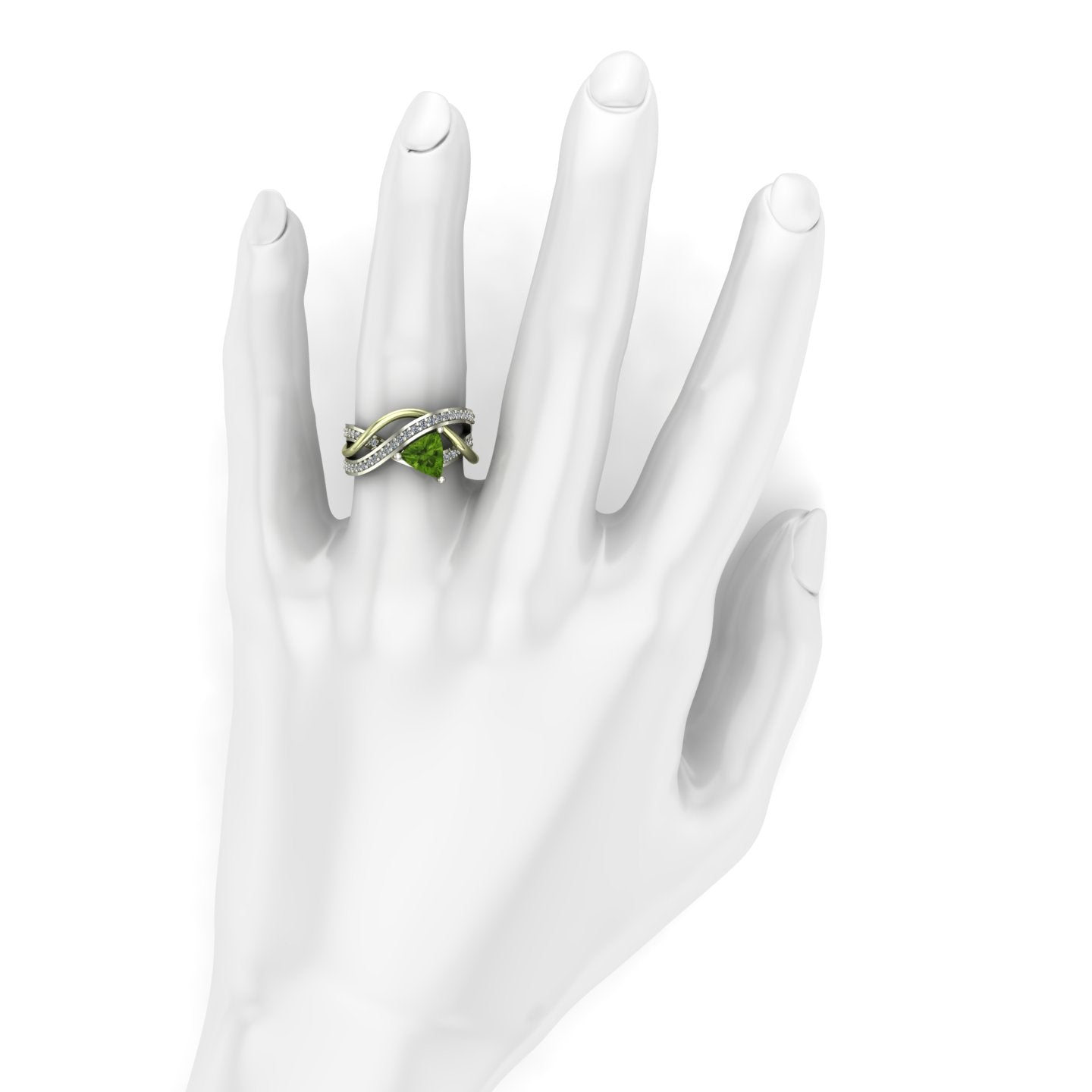 trillion peridot and diamond two tone abstract ring in 14k white and green gold - Charles Babb Designs - on hand