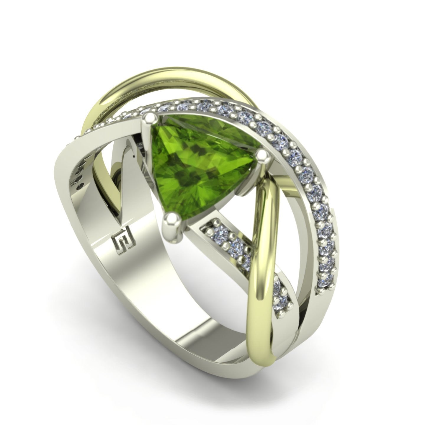 trillion peridot and diamond two tone abstract ring in 14k white and green gold - Charles Babb Designs